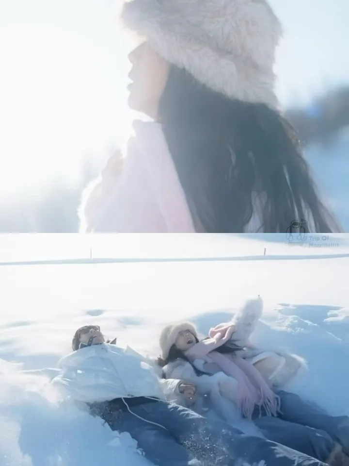 雪地人物组图：逆光中的毛绒帽侧影与躺在雪地里的人