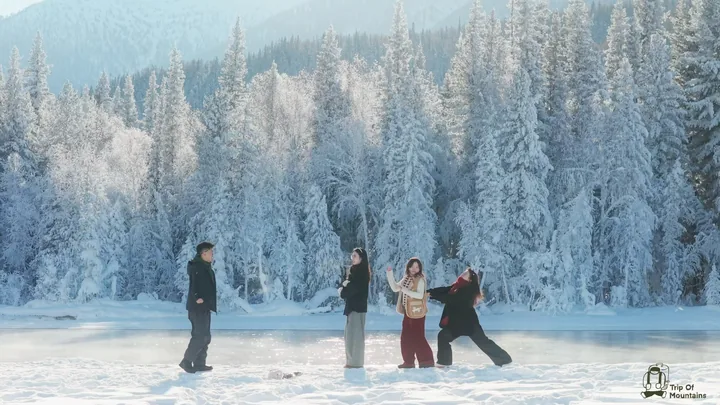 四个人在覆满雾凇的树林前玩雪