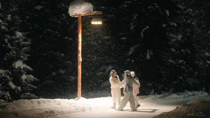 夜色里的雪地与暖色路灯，两个人站在灯光下